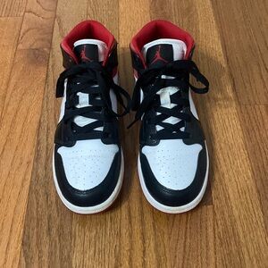 Black, red, white Nike high top dunks